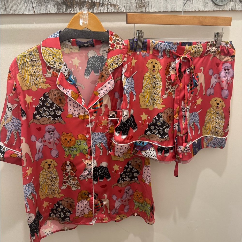 Pink Satin Dog Print Pajama Set